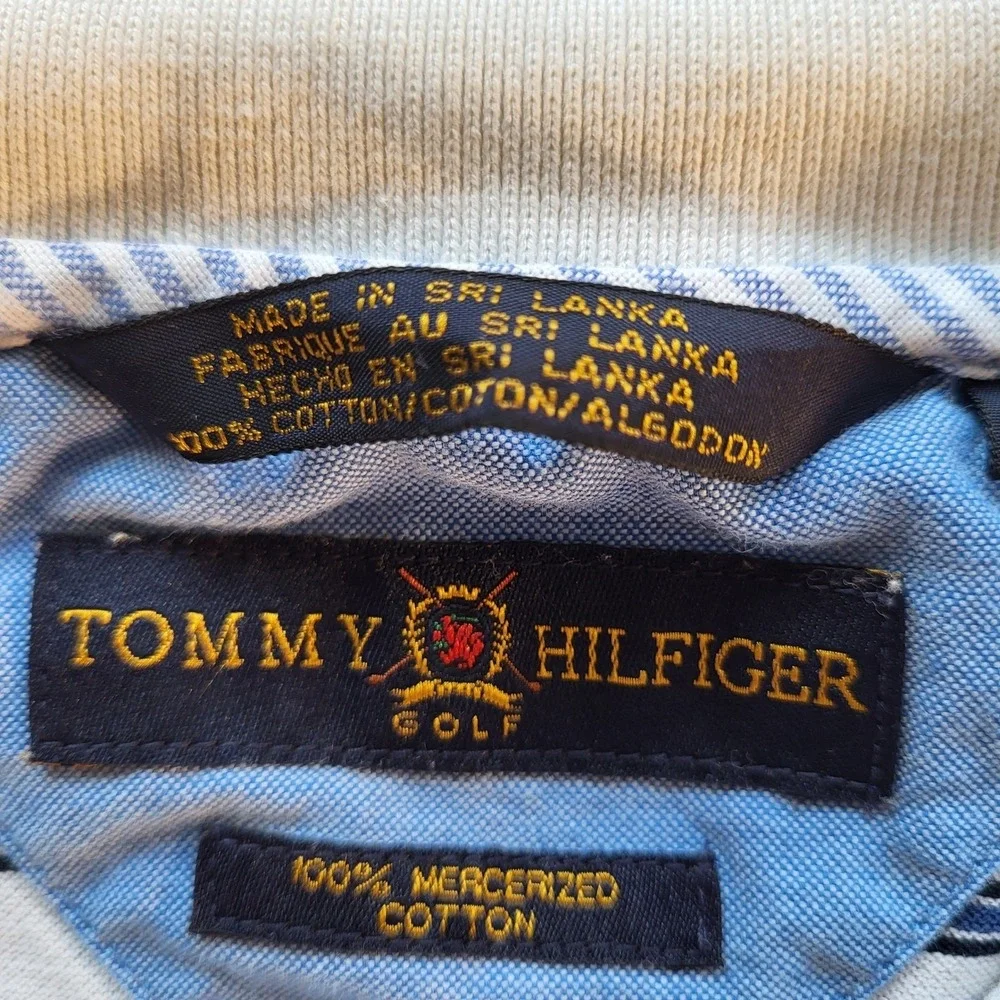 Tommy Hilfiger Golf Mens Large White Navy Striped Mercerized Cotton Polo Shirt